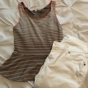 Tan & white striped, peplum waist blouse